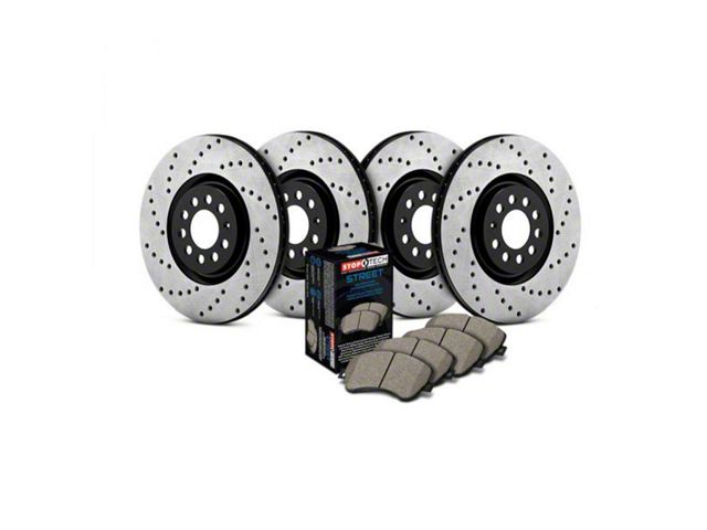 StopTech Street Axle Drilled 5-Lug Brake Rotor and Pad Kit; Front and Rear (14-23 Jeep Cherokee KL w/ Single Piston Front Calipers)